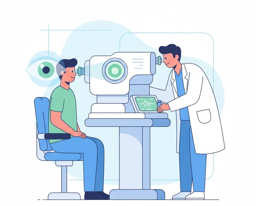 an ophthalmologist performing an eye exam using diagnostic equipment on a patient.