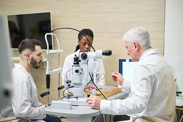 Ophthalmologists conducting an eye examination using slit-lamp equipment.