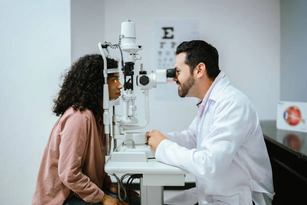 Optometrist performing eye examination using slit lamp on a patient.