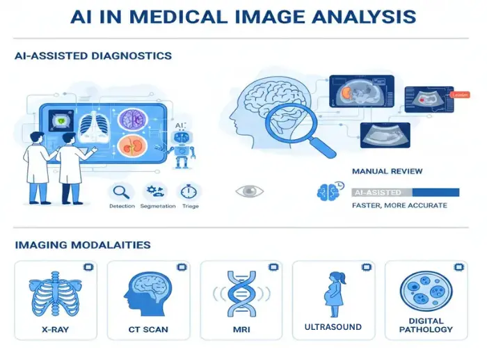 infographic showing AI-assisted medical imaging, neural overlays, radiologists, and faster diagnosis workflows. - AI in medical image analysis 2