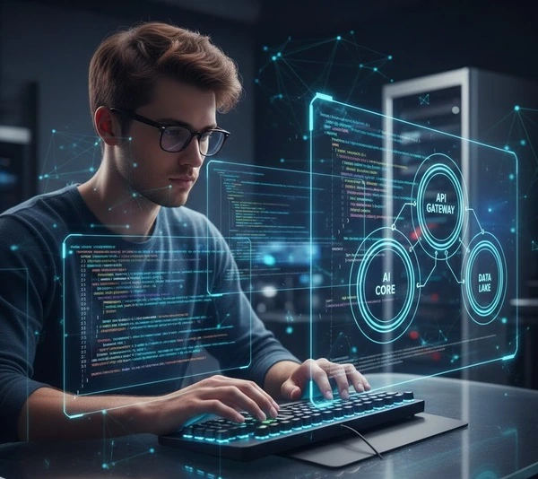 A focused young developer coding AI systems, surrounded by digital data overlays, glowing code, and futuristic API graphics. -Writing Image Analysis AI in C++. -1
