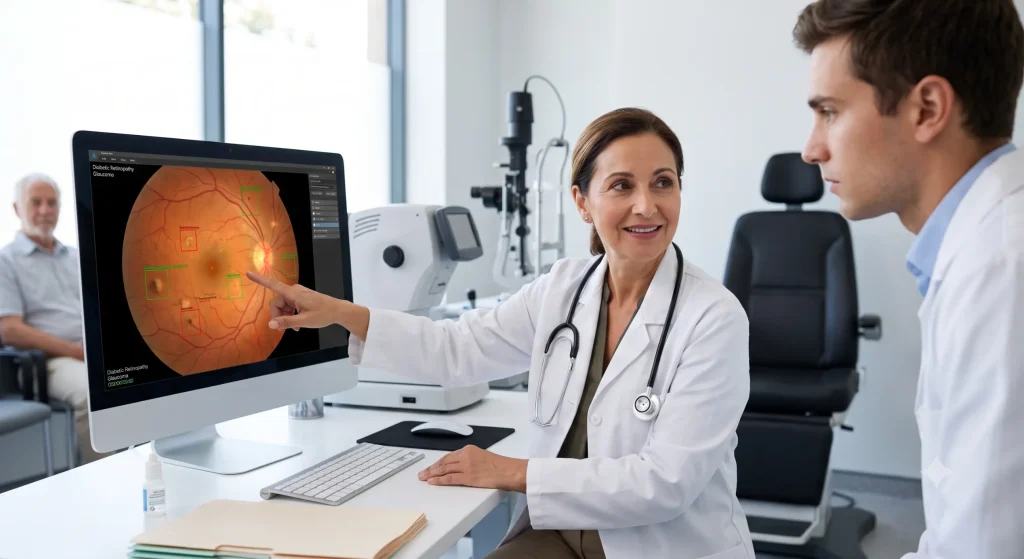 Doctor with a white coat, pointing at computer showing fundus images- Retinal fundus image analysis 3