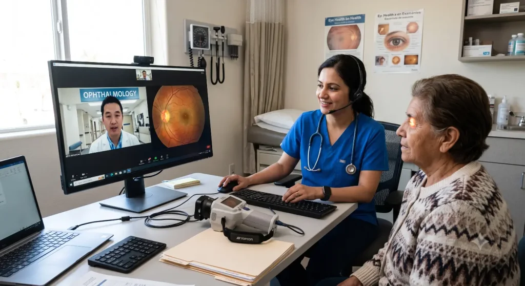 Nurse and patient in teleophthalmology consult with remote specialist on screen-AI Retinal Image Analysis Tools 3