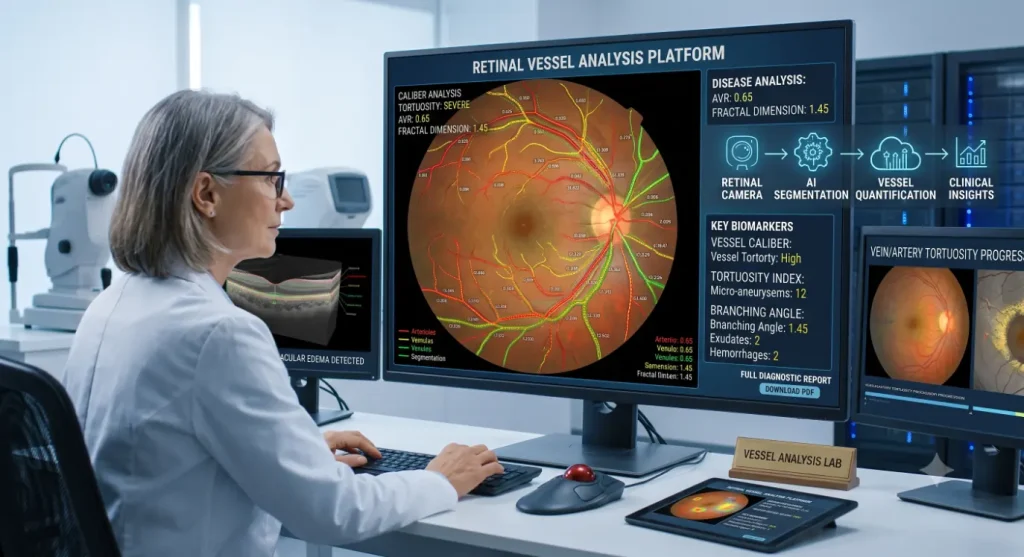 Ophthalmologist uses AI platform to analyze detailed retinal scans in a medical lab - AI Retinal Image Analysis Tools 2