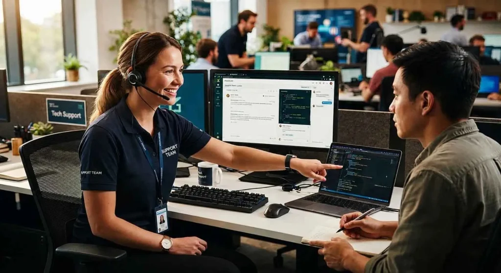 Tech support professional assisting a colleague at a computer in a modern office, demonstrating software troubleshooting in a collaborative workspace.