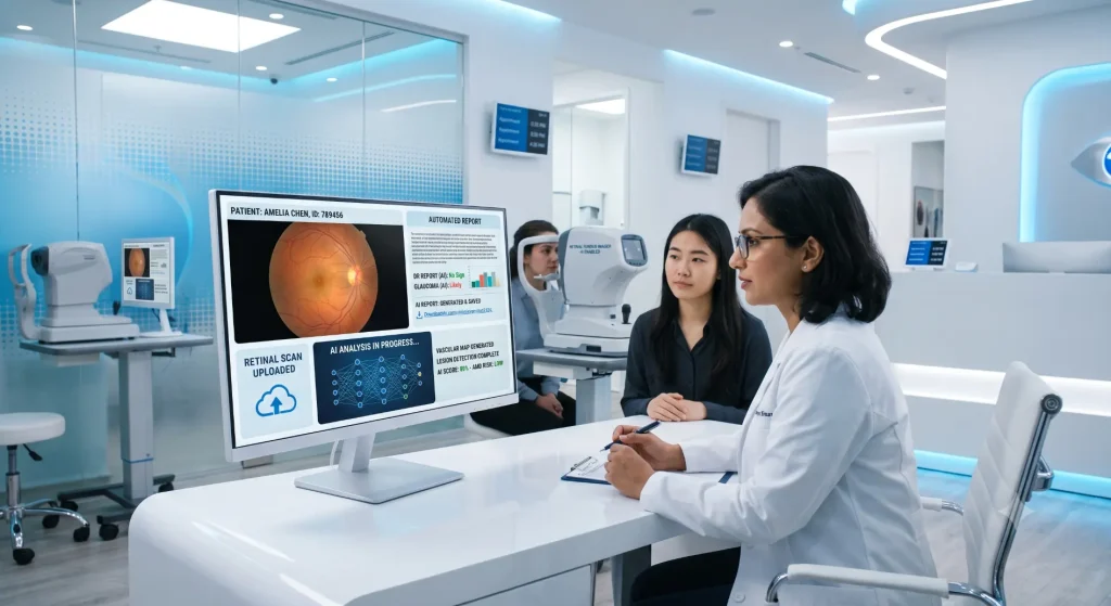 Doctor and patient examine retinal scan on monitor-AI Medical Software 3