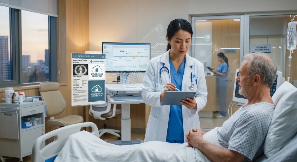 Doctor viewing patient cloud data-Cloud Medical Software 3