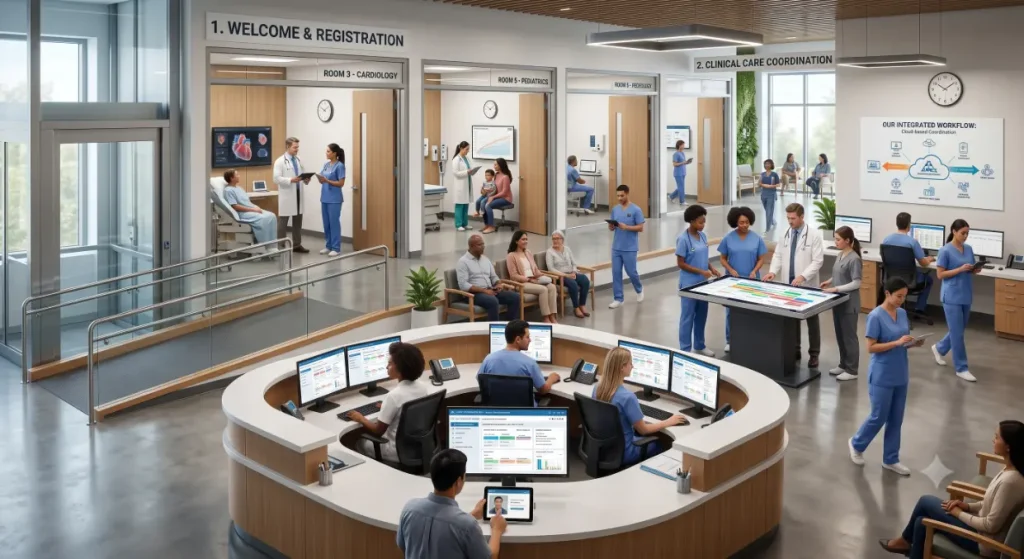 Modern clinic workflow with digital screens-Effective Medical Practice Management Software 3