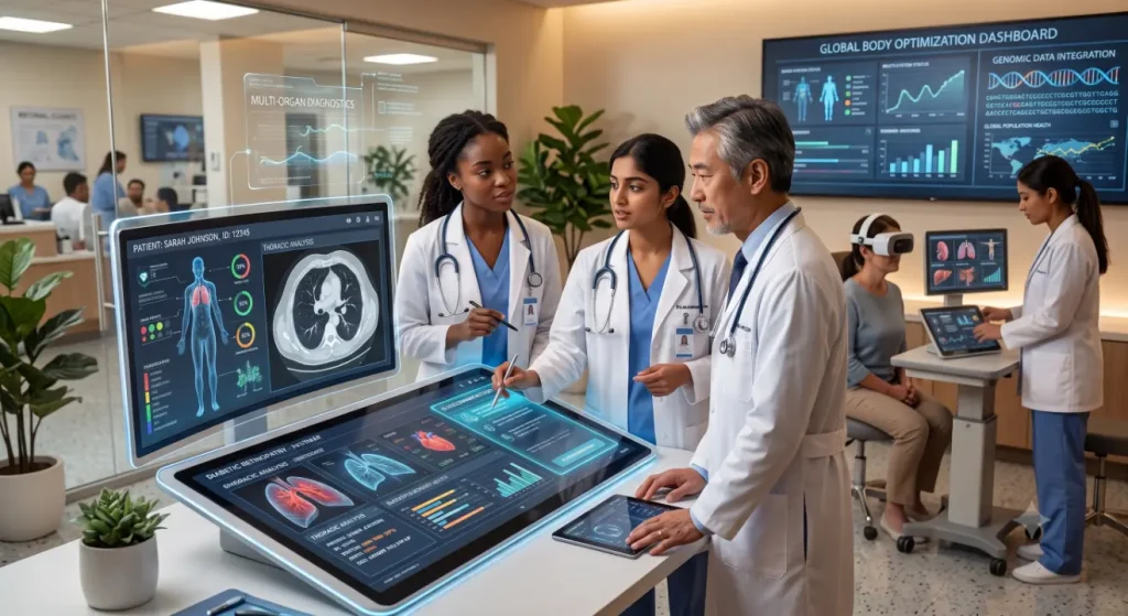 Multi-specialty medical team analyses-Medical Software Company 2Medical team analyzes data in high-tech clinic-Medical Software Company 1