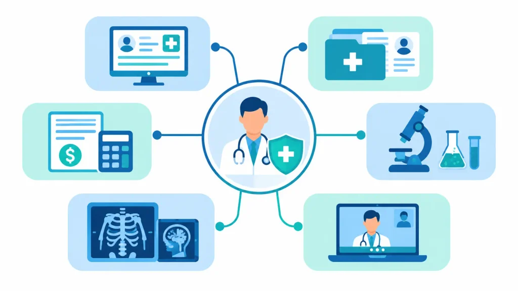 Different medical software systems including EHR, EMR, billing, laboratory, radiology, and telemedicine connected to a central hub. - medical softwares 2