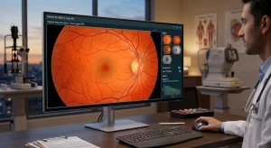 A doctor reviews a detailed eye scan on a monitor- computational retinal image analysis 1