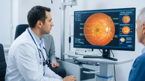 An ophthalmologist analyzes retinal scan on a monitor- retinal image analysis applications 1