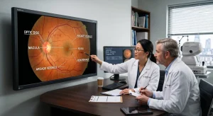 Doctors reviewing retinal fundus scan on monitors- Conditions predicted by retinal image analysis 1