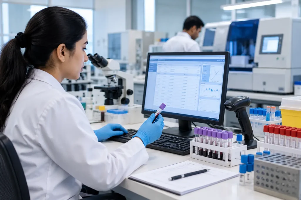 Focused Scientist in Modern Diagnostic Lab-Different Medical Software Systems 2