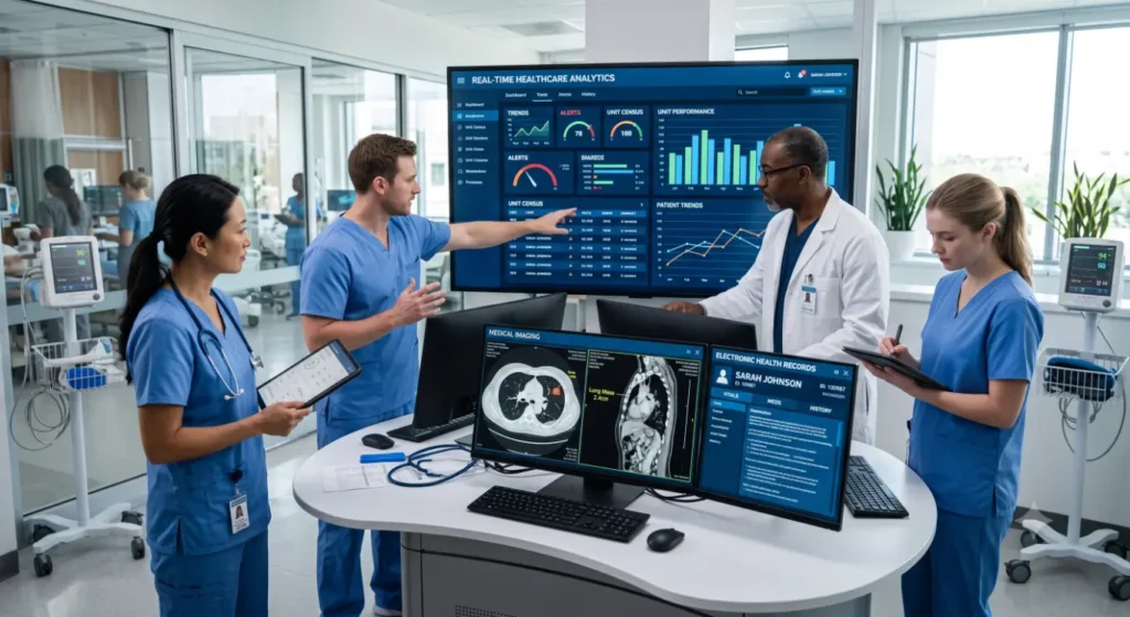 Medical team analyzes data in high-tech clinic-Medical Software Company 1