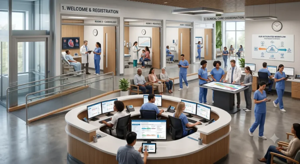 Modern clinic workflow with digital screens-Effective Medical Practice Management Software 3