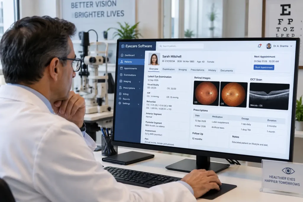 Ophthalmologist Reviewing Patient Eye Records-Eyecare Software 1