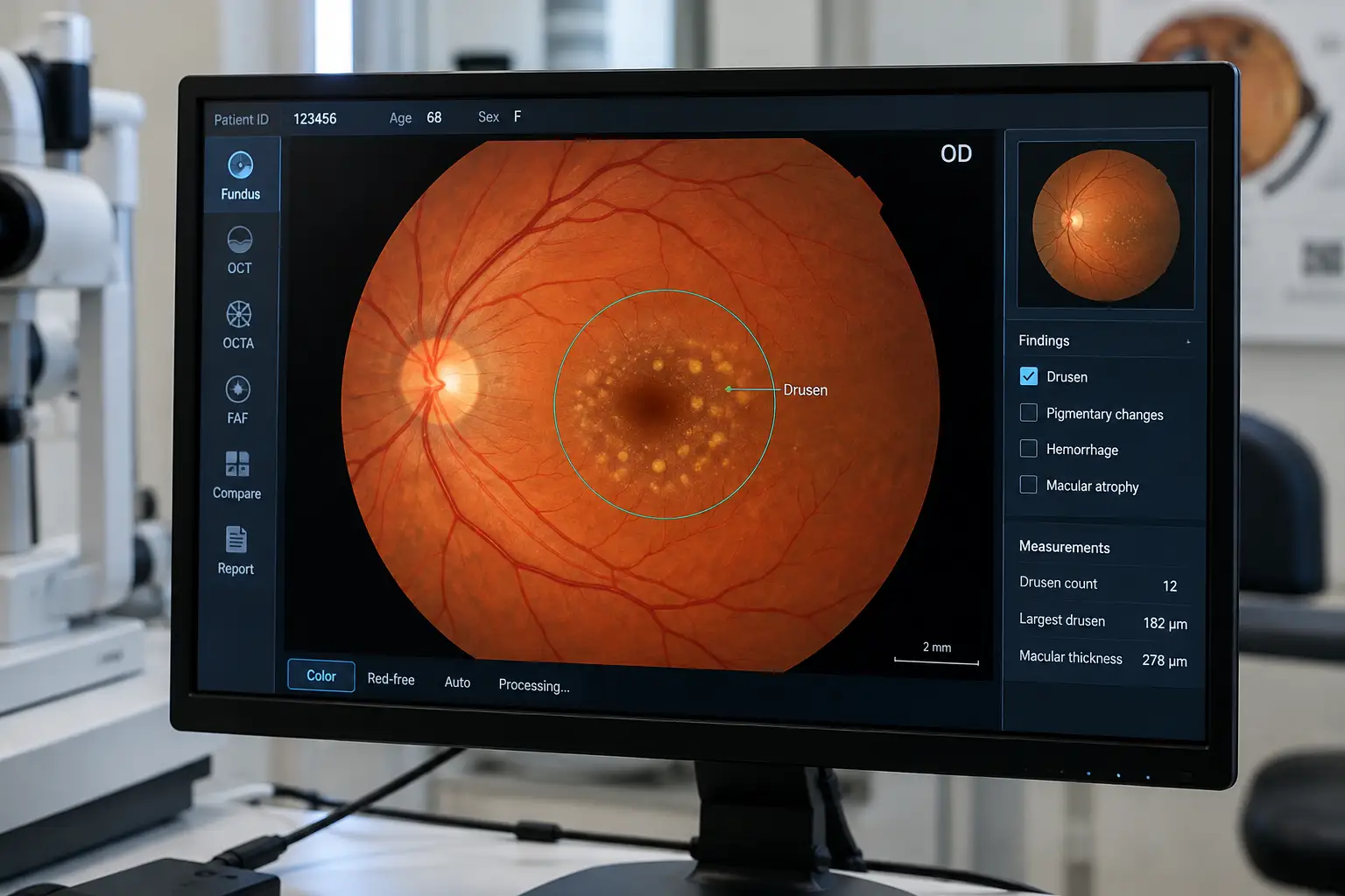 Ophthalmology Monitor Showing Retinal Drusen-Retinal Image Analysis for Age-Related Macular Degeneration 1
