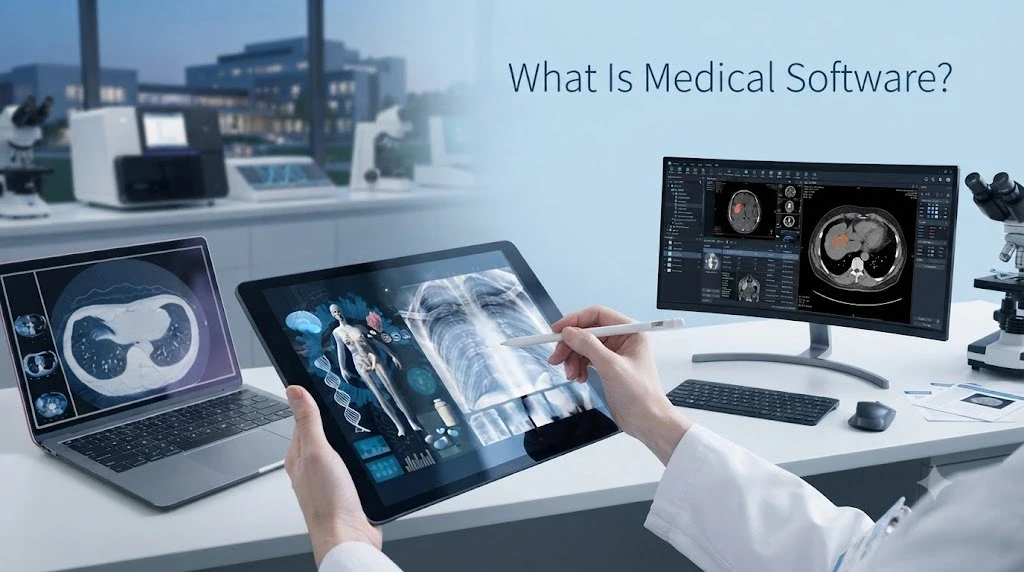 What is medical software? Doctor reviewing patient data.