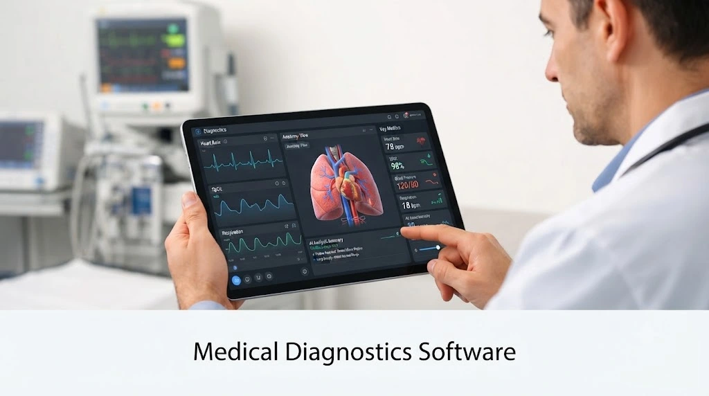 Doctor using medical diagnostics software on a tablet.