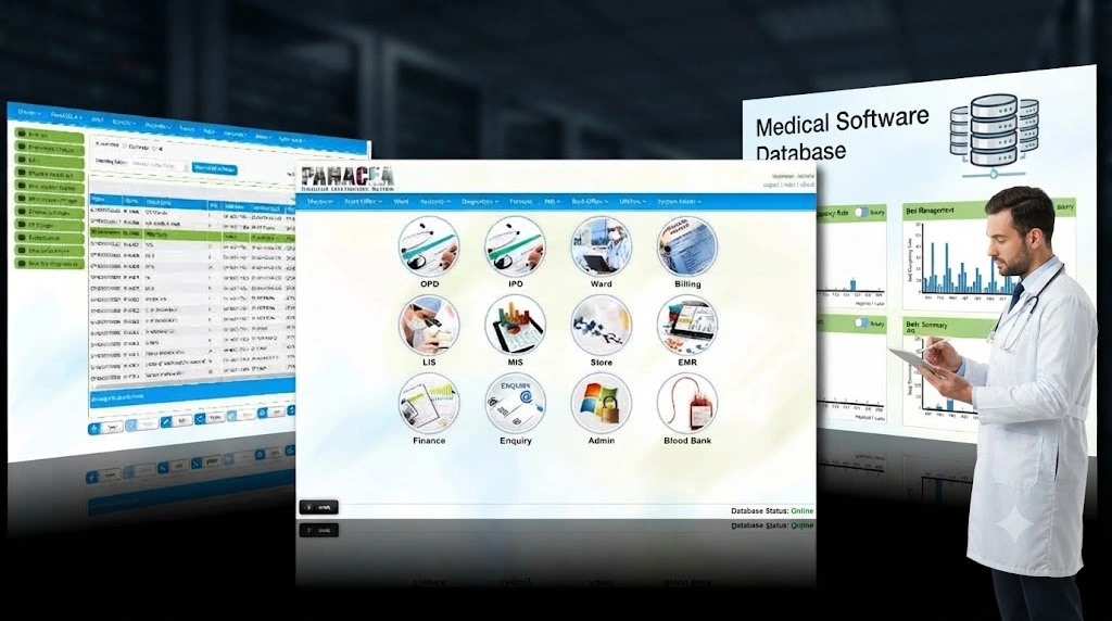 Doctor using a tablet with a medical software database dashboard.