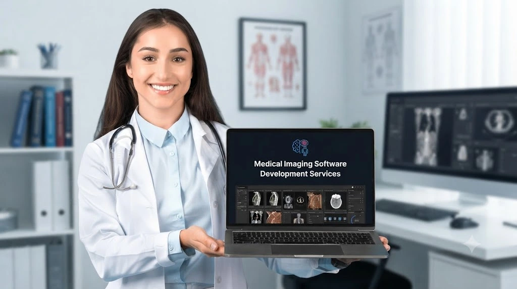 Doctor using medical imaging software development services.