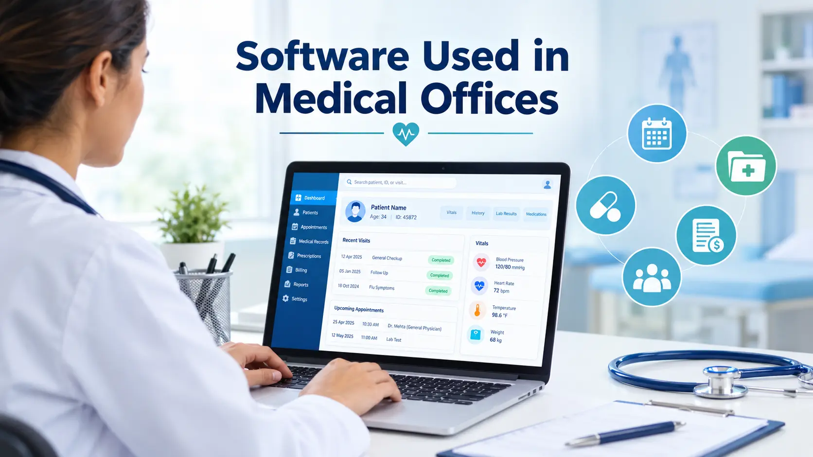 A doctor using a tablet and digital tools to review software used in medical offices.